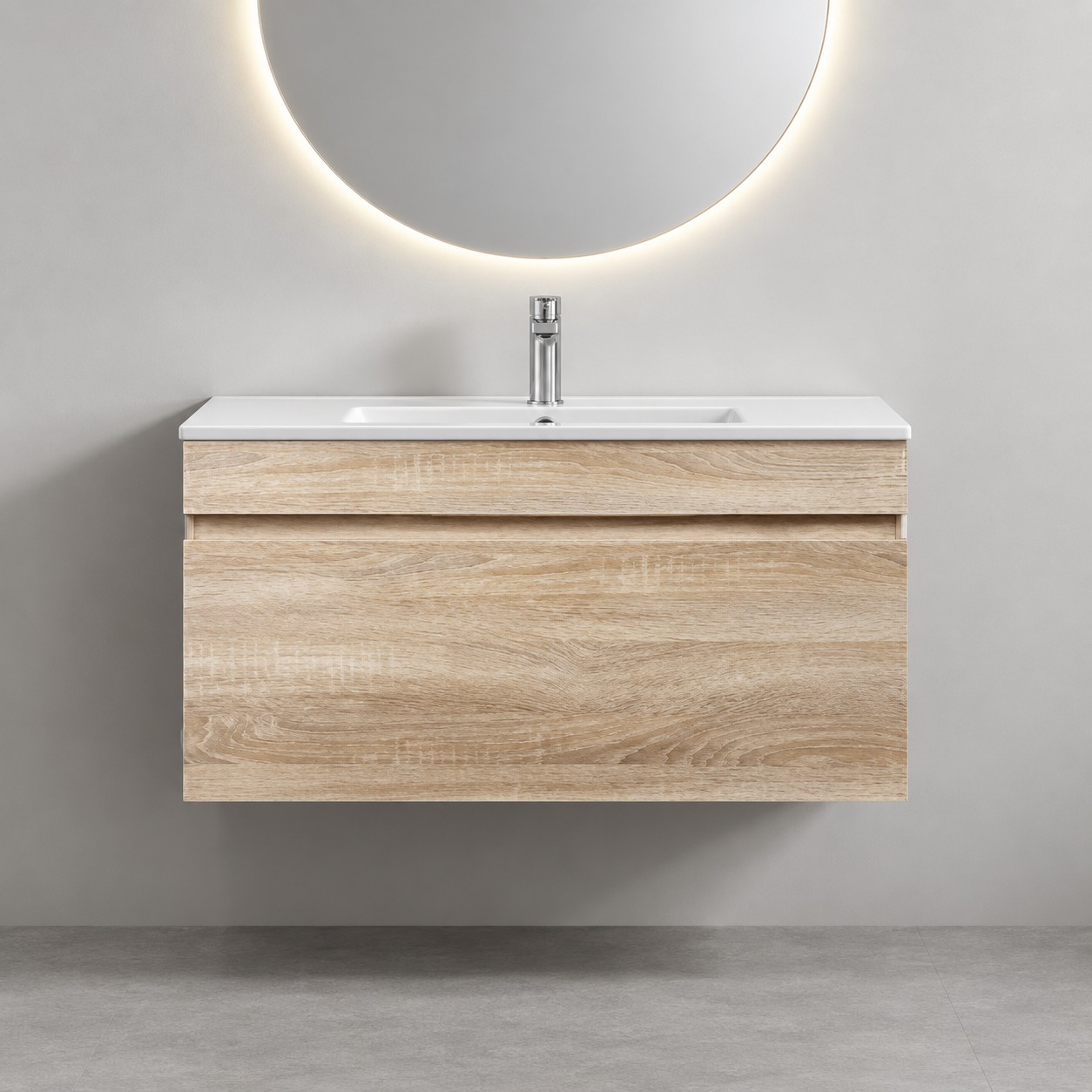 900mm Wall-Hung Plywood Vanity with Single Drawer – White Oak