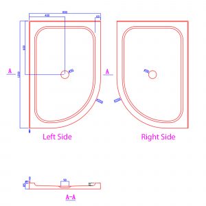 1200 X 800 Curved Shower Tray – 2 Lips – Center & Corner Waste - LHS/RHS Open - Image 3