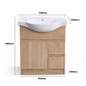 750mm Slim Vanity - Plywood - White Oak With Curved Ceramic Basin - Image 3