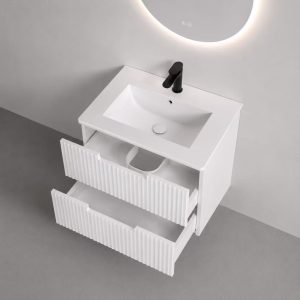 600mm Modern Fluted Wall-Hung Vanity - Glossy White - Image 2