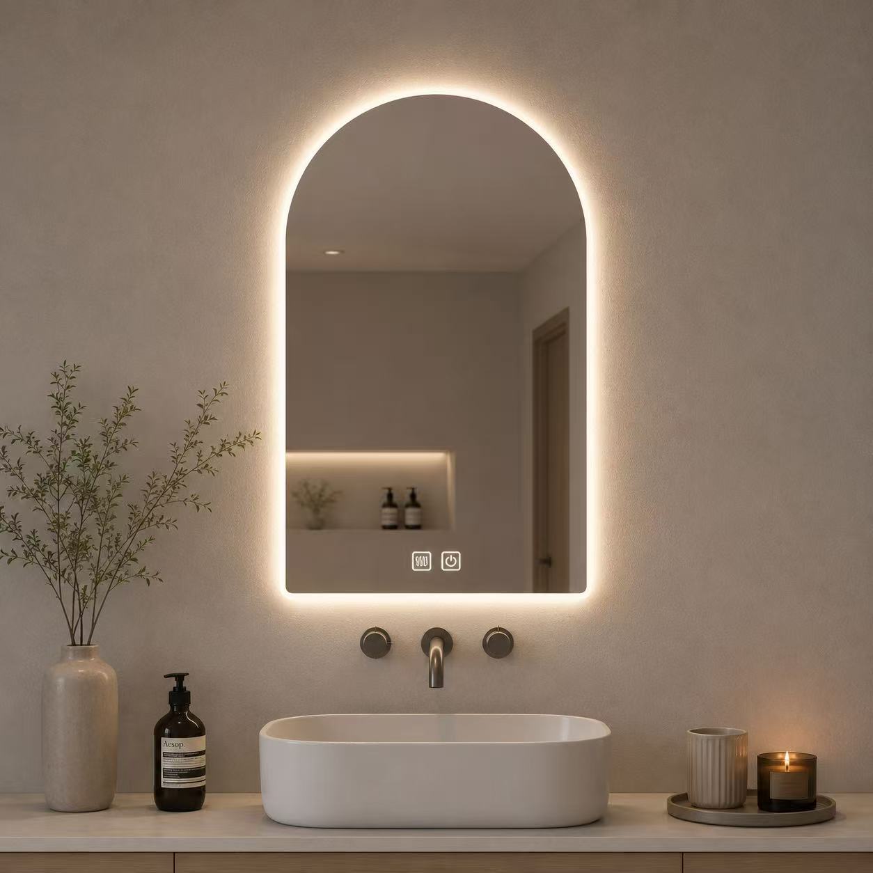 L 700 x H 1000 mm 3-Colour Selection Arch LED Mirror + Demister